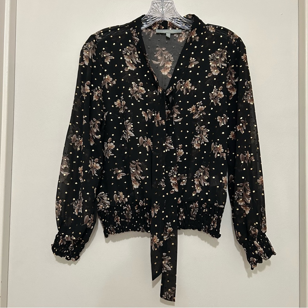 Sweet Rain Women's Black Floral Gold Polka Dot Sheer Top Tie-Neck Smocked Hem S